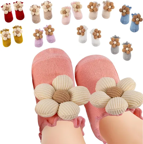 Juego de 10 pares de calcetines para bebé con agarres antideslizantes, diseño de flores 3D grandes y ribete con volantes, conjunto de regalo para