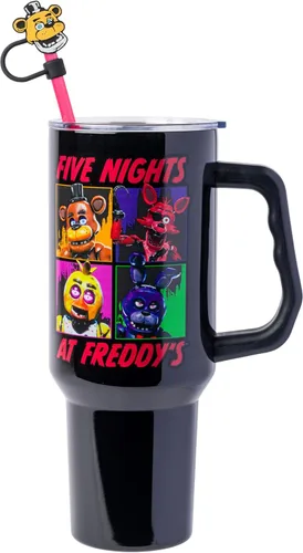 Silver Buffalo Five Night at Freddy's Special Delivery - Vaso de acero inoxidable de doble pared con asa y pajilla, cabe en portavasos estándar, 40