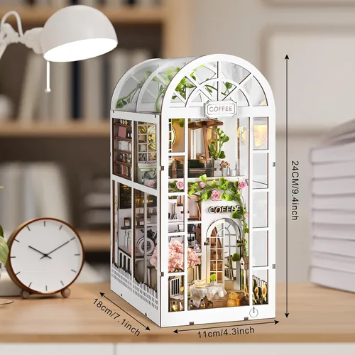 Miniatura 2 de Green House - Kit de rincón de libro - Rompecabezas de madera 3D en miniatura de jardín de café, decoración de estantería para adultos
