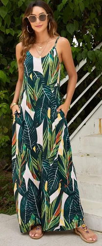 Miniatura 2 de Supnier - Vestido largo de verano para mujer, vestido flora, informal y bohemio con cuello en V, sin mangas, con tirantes delgados y bolsillos