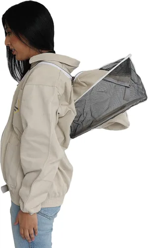 Miniatura 2 de Chaqueta de apicultura con velo redondo y guantes, chaqueta de abeja de lona natural con cremalleras de latón YKK duraderas para apicultores