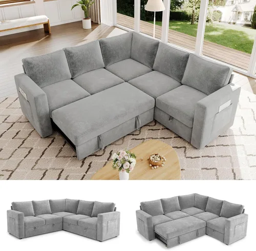 Miniatura 28 de Sofá Seccional Modular de 85 Pulgadas con Cama Extraíble, Sofá Cama Seccional en Forma de L de 5 Asientos con Almacenamiento, Sofás Seccionales