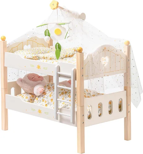 Miniatura 13 de ROBOTIME Litera para Muñeca de Bebé, Cuna de Muñeca de Madera para Muñecas de 18 Pulgadas, Juguete de Muebles para Muñeca American Girl con Ropa
