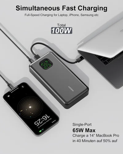 Miniatura 3 de Banco de energía de 65W, cargador portátil USB C para laptop de 25000mAh esencial para viajes, paquete de batería de carga rápida total de 100W