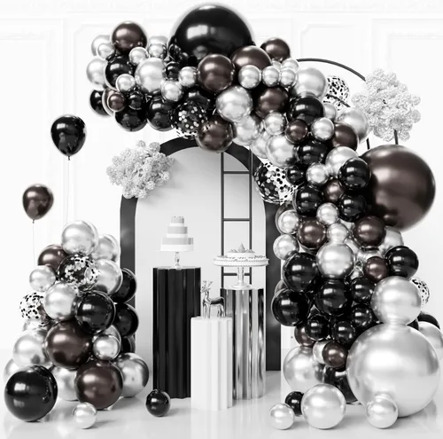 Kit de arco de globos negros y plateados, 130 guirnaldas de globos negros metálicos, globos de látex plateados metálicos de diferentes tamaños para