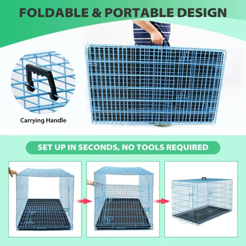 Miniatura 6 de BestPet Jaula para perros 24 pulgadas Azul Perrera de metal plegable con puertas dobles, pestillos seguros de perno deslizante, bandeja a