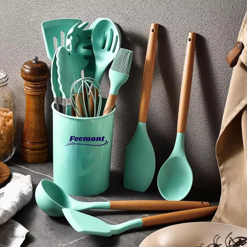 Miniatura 4 de Juego de utensilios de cocina de silicona de 33 piezas con soporte, resistentes al calor, utensilios de cocina antiadherentes con asas de madera