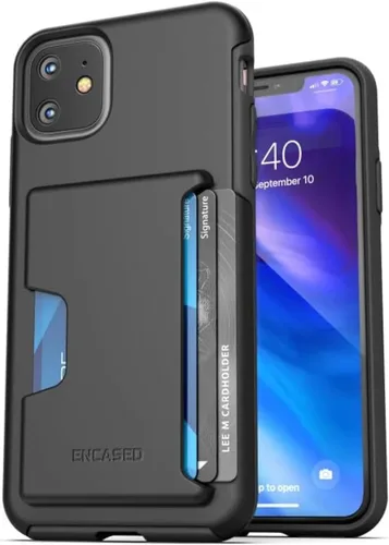 ENCASED Funda tipo cartera para iPhone 11 (2019) ultra duradera con ranura para tarjetas (capacidad para 4 tarjetas de crédito), color negro