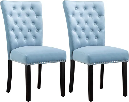 Miniatura 11 de Juego de 4 sillas de comedor de cocina de terciopelo, silla de comedor tapizada Parsons, silla decorativa de madera con ribete clavado, azul