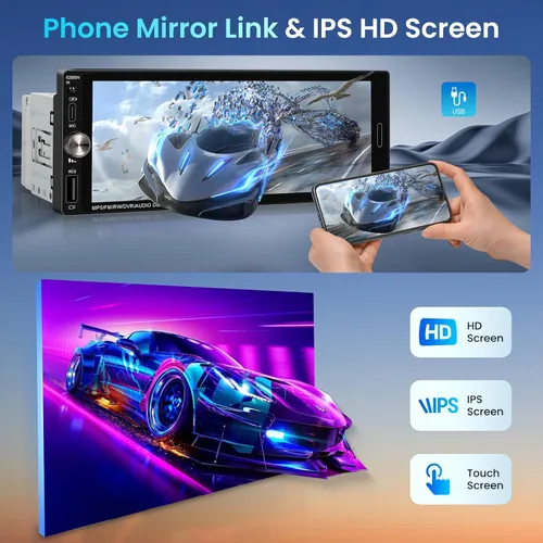 Miniatura 3 de Estéreo de coche de un solo DIN con CarPlay inalámbrico Android Auto Mirror Link, radio de coche, unidad auricular manos libres Bluetooth de 6.9