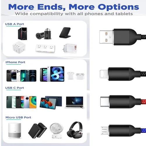 Miniatura 7 de Juego de cables de carga USB multifunción, paquete de 3 cables trenzados de nailon 3 en 1, múltiples cables de carga rápida para el hogar, oficina