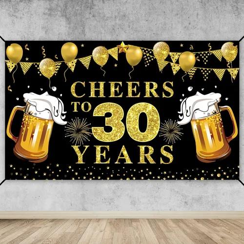 Miniatura 11 de Decoración de pancarta de feliz cumpleaños número 21, suministros de fiesta de telón de fondo de texto en negro y dorado con texto en inglés "Cheers