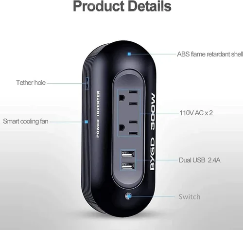 Miniatura 5 de Inversor de corriente de 300 W CC 12 V a CA 110 V Convertidor de corriente portátil con puertos USB duales, diseño compacto para un inversor