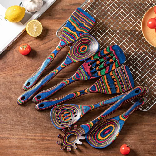 Miniatura 2 de Gudamaye Pakkawood - Utensilios de cocina de madera azul de 7 piezas, cucharas de madera, juego de utensilios de cocina, cucharas antiadherentes