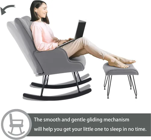 Miniatura 6 de Moderna mecedora tapizada con otomana – Planeador de respaldo alto para guardería, sala de estar o dormitorio – Cómodo sillón con soporte lumbar