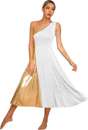 Miniatura 2 de Vestido de baile de alabanza lírico metálico de un hombro para mujer, sin mangas, ropa de baile litúrgica