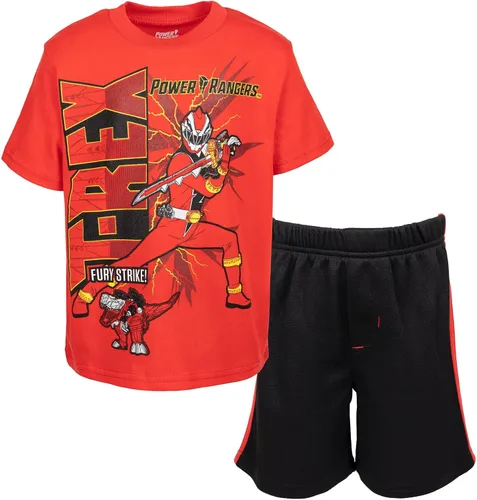 Power Rangers Conjunto de camiseta verde Ranger, Ranger rojo, camiseta azul Ranger y pantalones cortos de malla para niños pequeños a grandes