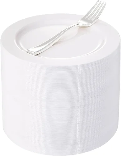 Miniatura 14 de WELLIFE 100 platos de postre de plástico blanco y 100 tenedores desechables dorados, plato duro de postre de alta calidad de 7.5 pulgadas, platos