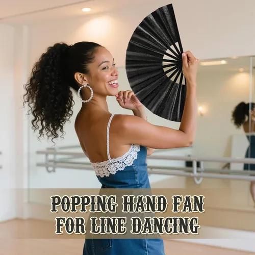 Miniatura 5 de Blulu Abanicos grandes con purpurina negra plegable para rave, abanico de mano de seda para baile de línea, chino, hacer sonidos para mujeres, Negro