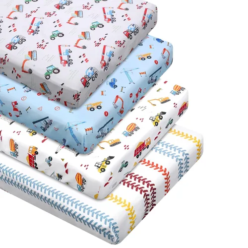 VitalCozy Juego de 4 sábanas bajeras para cuna con diseño de camiones de construcción, sábanas de cuna para bebés recién nacidos, ropa de cama para