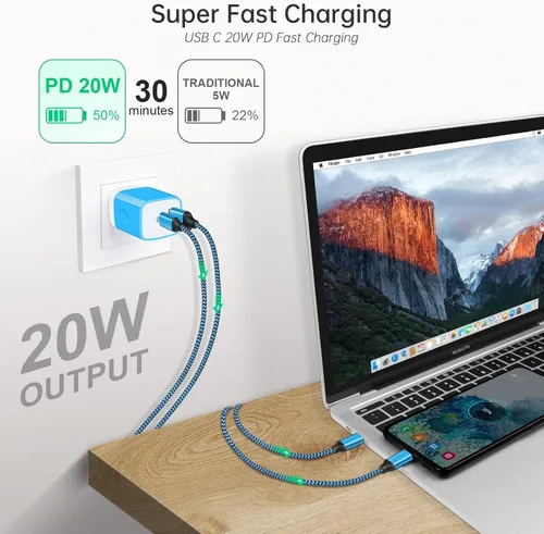 Miniatura 3 de Cargador de pared USB C, 2 puertos de 20 W, USB A y USB C [PD/QC 3.0], paquete de 3 adaptadores de enchufe de pared USB-C para iPhone