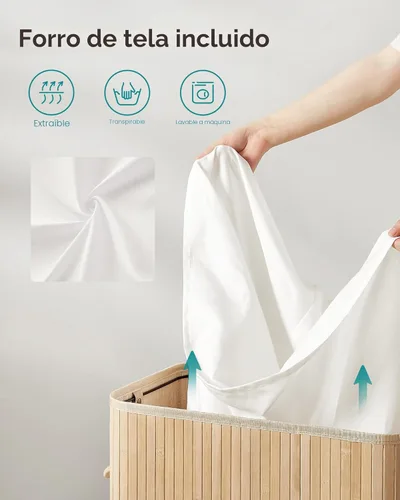 Miniatura 8 de SONGMICS Cesta de lavandería con tapa, cesta de lavandería de bambú, extraíble lavable a máquina, con asas, 26.4 galones, para lavandería, Beige