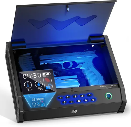 Caja de seguridad para armas, cajas de seguridad biométricas para pistolas de mano con LCD de temperatura, humedad, batería, puerto USB-C, acceso