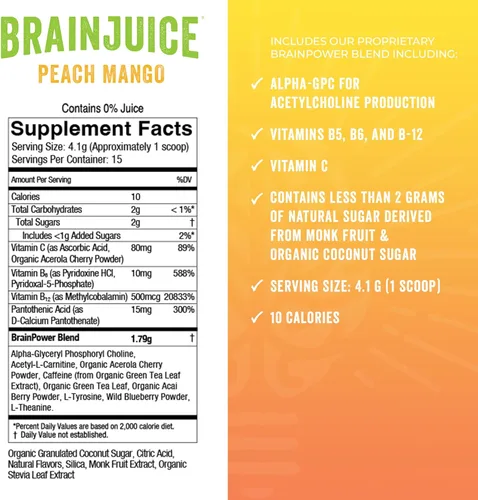 Miniatura 2 de BrainJuice Suplemento de apoyo cerebral nootrópicos, polvo sin gluten para energía y concentración, mezcla de bebida con L teanina, Alpha GPC