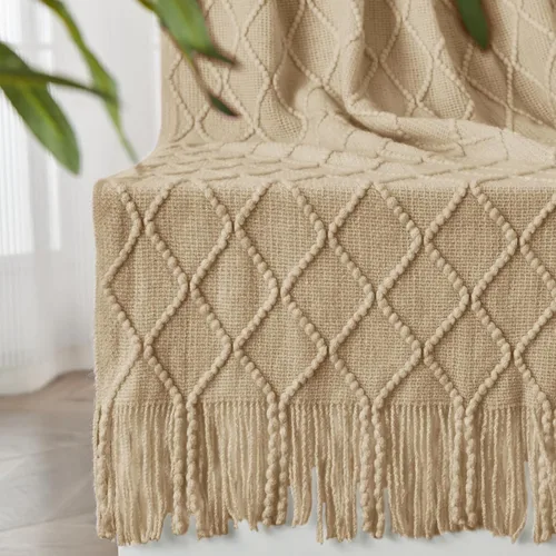 Miniatura 46 de inhand Mantas de punto para sofá y cama, manta de punto suave y acogedora con borlas, mantas decorativas ligeras y mantas decorativas de granja