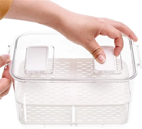 Miniatura 7 de Slideep Contenedores grandes de almacenamiento de alimentos de 11 pulgadas, organizador de refrigerador apilable de 2 niveles con tapas y bandeja