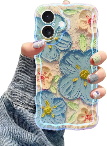 Jusy Funda para iPhone 17, diseño de pintura al óleo retro colorida con flores impresas y patrón brillante azul con láser, onda rizada linda,
