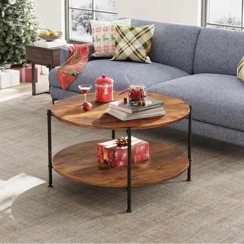 Miniatura 2 de WLIVE - Mesa de centro redonda, mesa de café pequeña de 32.6" con estante de almacenamiento, mesa de centro de madera de 2 niveles para sala