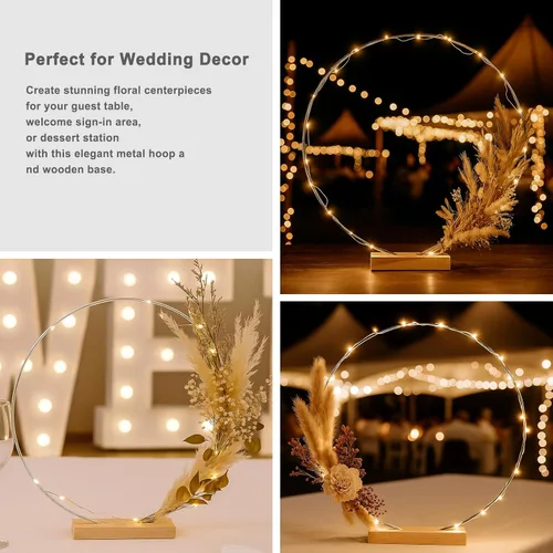 Miniatura 5 de Paquete de 12 aros florales con soporte y luces LED de hadas de 14 pulgadas, anillos de metal para centro de mesa DIY, decoraciones para Plata