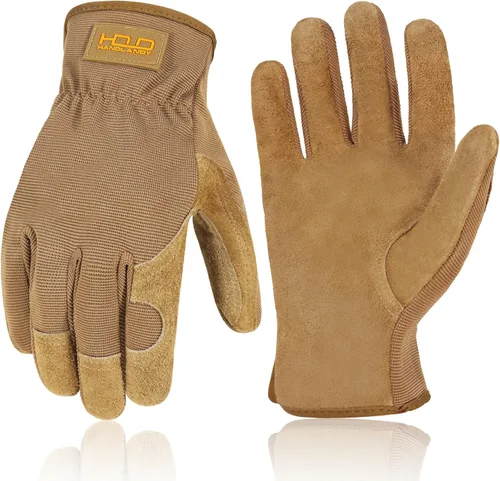 HANDLANDY Guantes de jardinería de cuero para hombre, guantes de trabajo utilitarios para mecánicos, construcción, conductor Caqui (1 par)