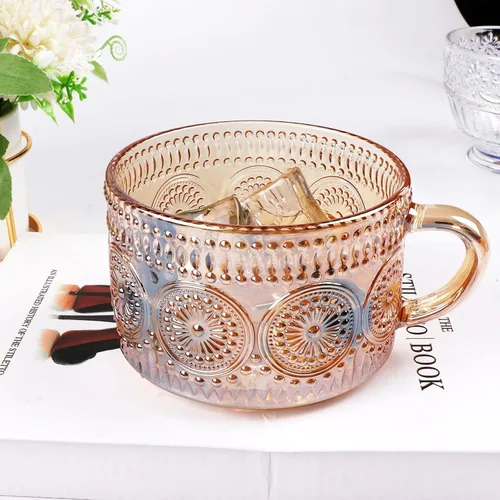 Miniatura 2 de MFACOY Juego de 2 tazas de café vintage, tazas de té de vidrio de 14 onzas con asa, tazas de vidrio en relieve ámbar para capuchino, latte