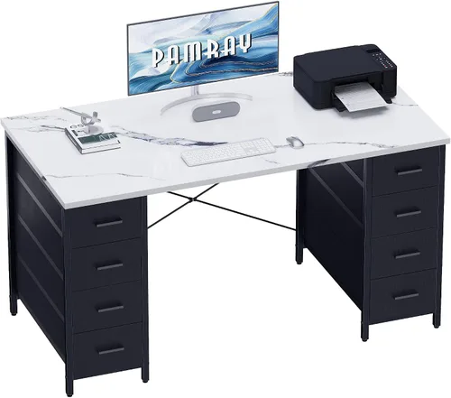 Pamray Escritorio de computadora de 47 pulgadas con 8 cajones de tela, escritorio de juegos para PC, oficina en casa, estudio, mesa de escritura