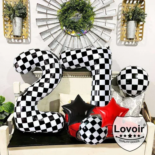 Miniatura 5 de Lovoir Globos gigantes de 40 pulgadas con temática de autos de carreras con el número 3, color negro y blanco para decoración de fiesta de tercer
