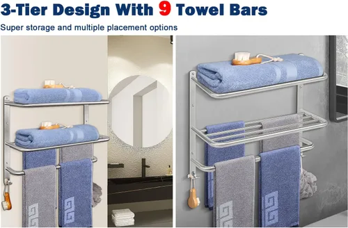Miniatura 3 de NearMoon Toallero de baño, toallero de 3 niveles con ganchos, colgador de toallas de acero inoxidable SUS304, almacenamiento de toallas montado
