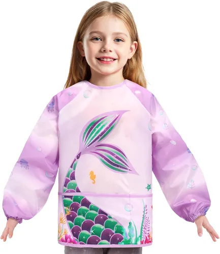 Miniatura 19 de WERNNSAI Bata de arte para niños impermeable con manga larga y 3 bolsillos de pintura Dinosaurio B001