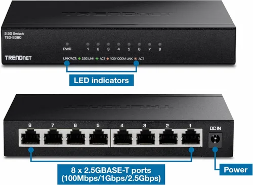 Miniatura 13 de TRENDnet Interruptor para juegos multiGigabit de 8 puertos y 2.5 Gb, TEG-S380, 8 puertos 2.5GBASE-T, capacidad de conmutación de 25 Gbps, divisor