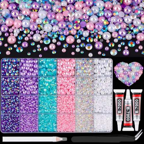 Miniatura 22 de 100g de cuentas de perlas planas y diamantes de imitación, 1-Rosa y blanco, tamaño mixto de 3-10mm, resina, diamantes de imitación y medias perlas