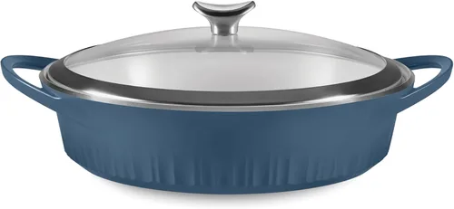 CorningWare QuickHeat - Estofador de aluminio fundido de 4 cuartos de galón con tapa, interior de cerámica antiadherente, ligero y calor uniforme