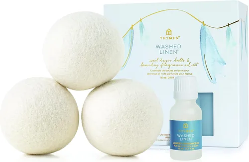 Thymes Juego de Bolas de Lana para Secadora – Incluye 3 Bolas de Lana para Lavandería + 1 Aceite Aromático de Fragancia para Lavandería para