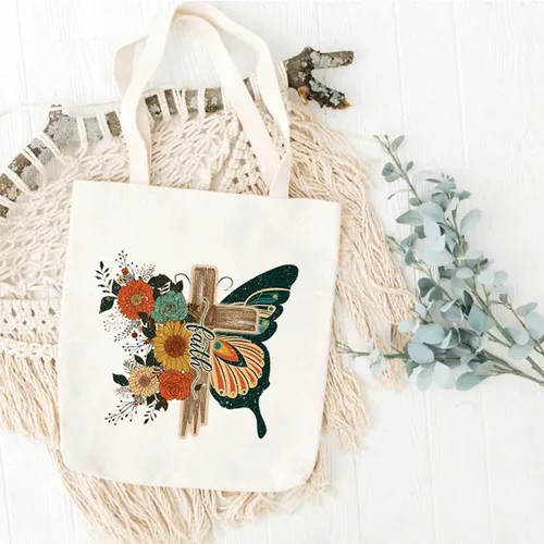 Miniatura 3 de Bolsas de lona cristianas para mujer, bolso de hombro cruzado con diseño de flores, mariposa, regalo cristiano