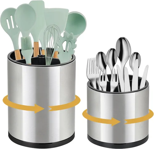 Juego de 2 soportes para utensilios de cocina, de acero inoxidable giratorio de 360°, soporte grande para utensilios de cocina para encimera,