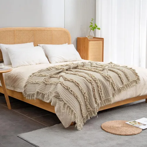 Miniatura 18 de Manta acolchada ultra suave y prelavada de tamaño individual color amarillo bohemio para cama, manta decorativa con flecos con volantes, manta