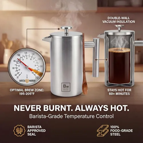 Miniatura 4 de Barista Warrior Prensa francesa con termómetro, prensa de café aislada, cafetera de acero inoxidable (1.0L, 34 onzas líquidas, plateado)
