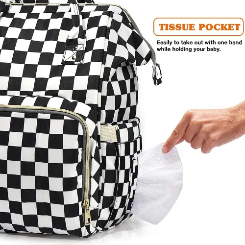 Miniatura 5 de Mochila para pañales para mamá y papá, bolsas cambiadoras de bebé impermeables multifuncionales, mochila grande para pañales cuadriculado