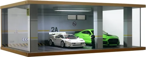 Vitrina de garaje de coche fundido a presión a escala 1:24 con cubierta acrílica transparente e iluminación LED para 3 espacios de estacionamiento