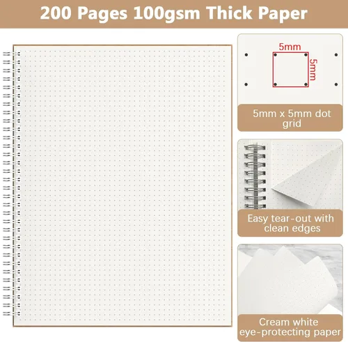 Miniatura 4 de Cuaderno de puntos A4, paquete de 2 cuadernos grandes de cuadrícula de puntos en espiral, 200 páginas de 100gsm de grosor, diario de papel